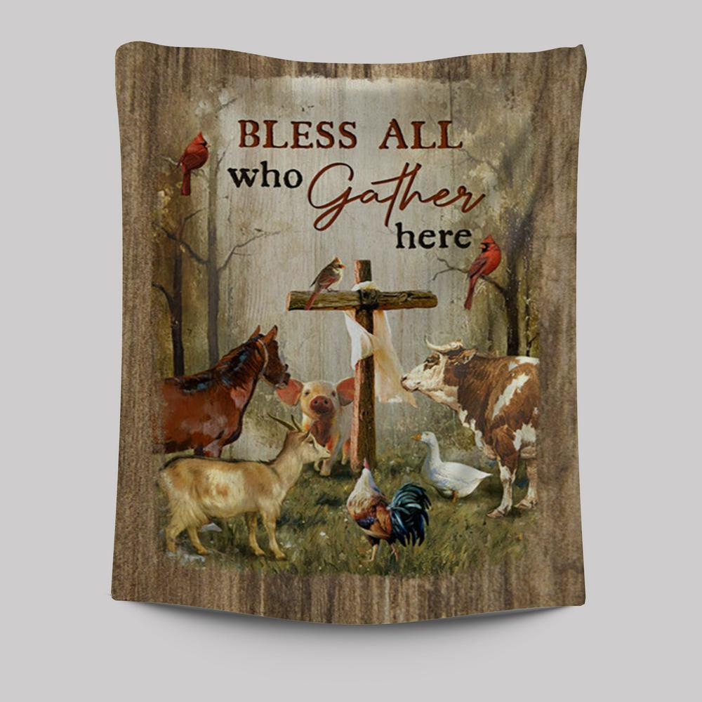Bless All Who Gather Here Animals Wooden Cross Forest View Red Cardinal Tapestry Wall Art - Christian Tapestries Prints