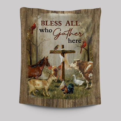 Bless All Who Gather Here Animals Wooden Cross Forest View Red Cardinal Tapestry Wall Art - Christian Tapestries Prints