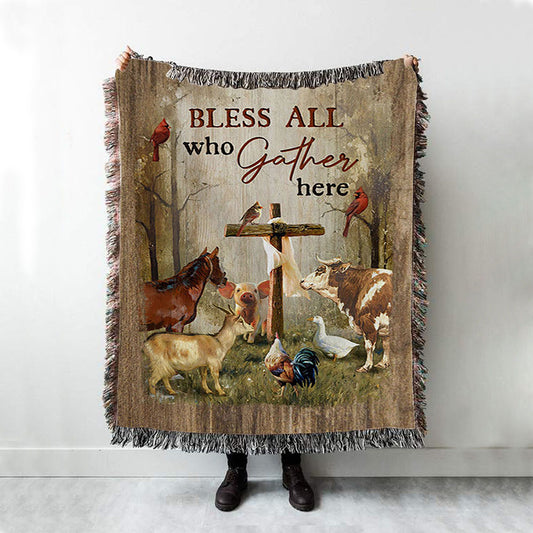 Bless All Who Gather Here Animals Wooden Cross Forest View Red Cardinal Woven Throw Blanket - Christian Woven Blanket Prints