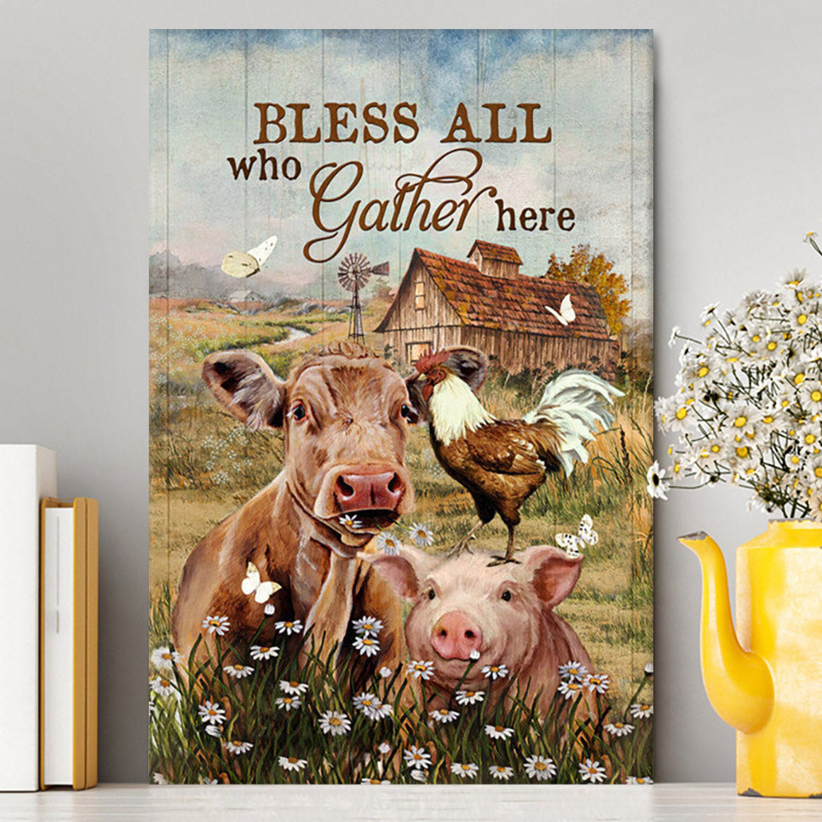 Bless All Who Gather Here Canvas - Animal Daisy Field Rooster Canvas Wall Art - Christian Canvas Prints - Bible Verse Canvas Art