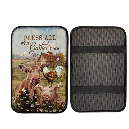 Bless All Who Gather Here Car Armrest Pad - Animal Daisy Field Rooster Car Center Console Cover, Christian Auto Armrest Cover
