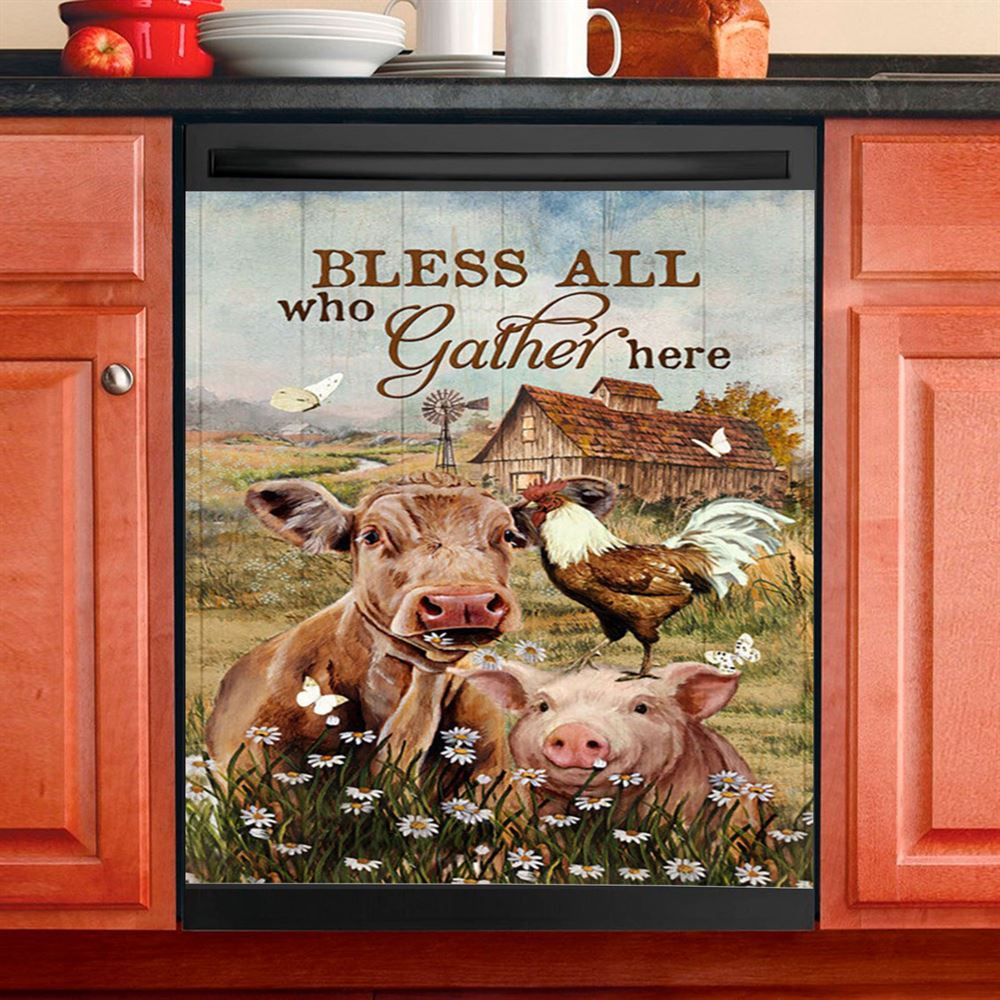 Bless All Who Gather Here Dishwasher Cover, Animal Daisy Field Rooster Dishwasher Magnet Cover, Christian Kitchen Decor