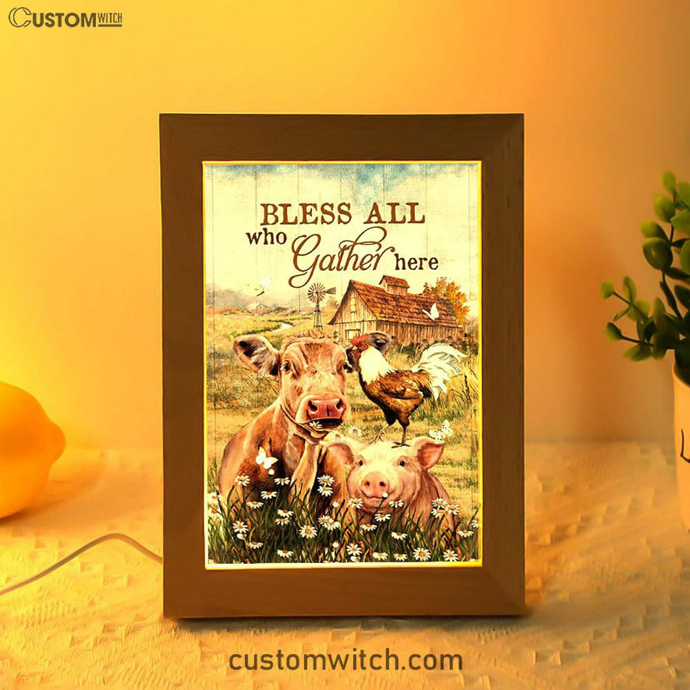 Bless All Who Gather Here Frame Lamp - Animal Daisy Field Rooster Frame Lamp Art - Christian Night Light - Bible Verse Wooden Lamp