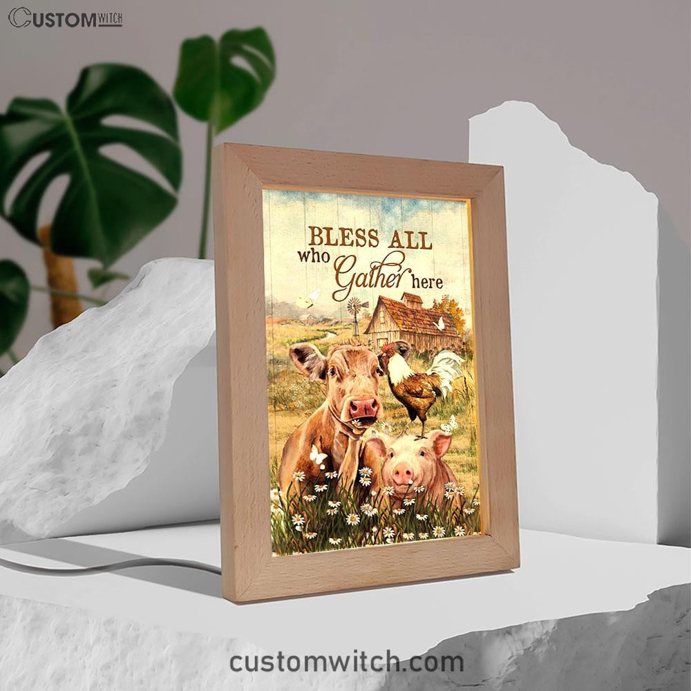 Bless All Who Gather Here Frame Lamp - Animal Daisy Field Rooster Frame Lamp Art - Christian Night Light - Bible Verse Wooden Lamp