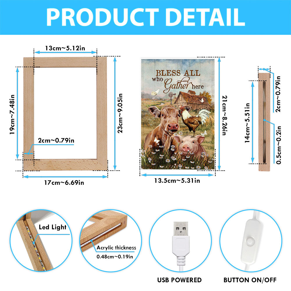 Bless All Who Gather Here Frame Lamp - Animal Daisy Field Rooster Frame Lamp Art - Christian Night Light - Bible Verse Wooden Lamp