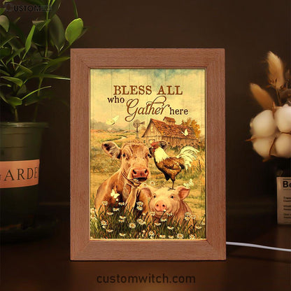 Bless All Who Gather Here Frame Lamp - Animal Daisy Field Rooster Frame Lamp Art - Christian Night Light - Bible Verse Wooden Lamp
