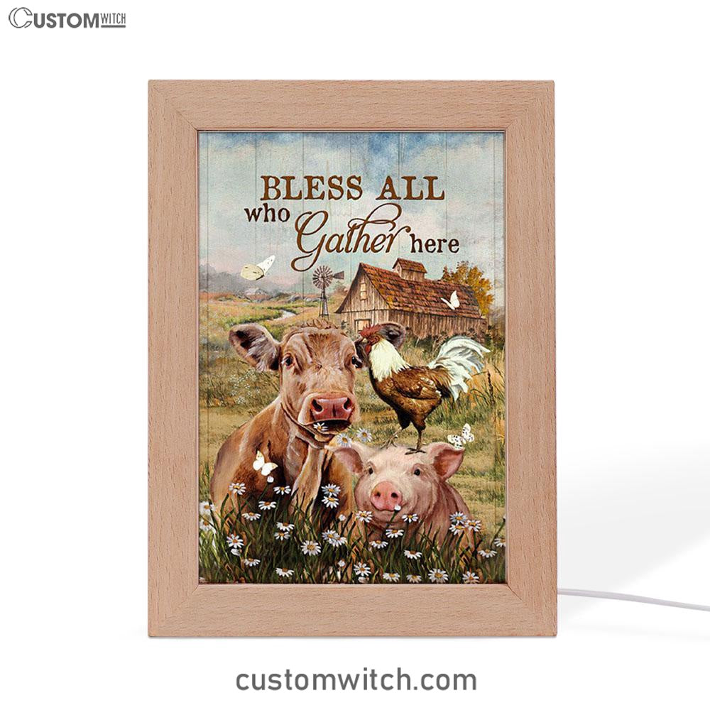 Bless All Who Gather Here Frame Lamp - Animal Daisy Field Rooster Frame Lamp Art - Christian Night Light - Bible Verse Wooden Lamp