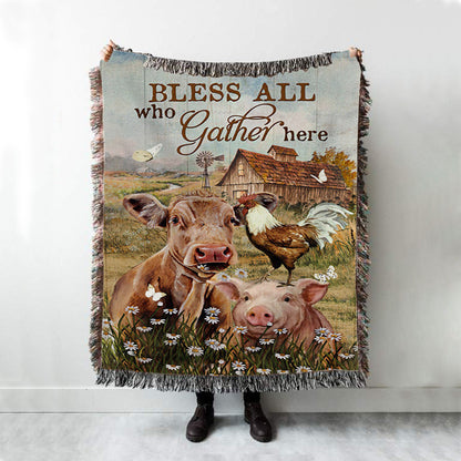 Bless All Who Gather Here Woven Blanket - Animal Daisy Field Rooster Woven Throw Blanket - Christian Woven Blanket Prints - Bible Verse Woven Blanket Art