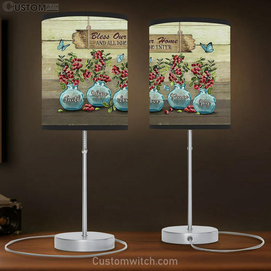Bless Our Home Blue Vase Blue Butterfly Cranberry Table Lamb Gift - Bible Verse Table Lamb - Religious Bedroom Decor