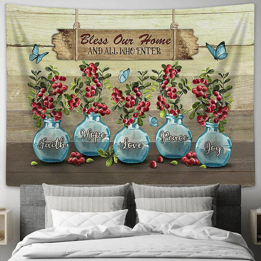 Bless Our Home Blue Vase Blue Butterfly Cranberry Tapestry Wall Art - Bible Verse Tapestry - Religious Tapestry Wall Hanging