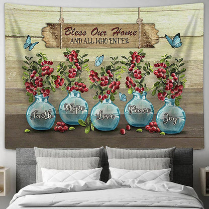 Bless Our Home Blue Vase Blue Butterfly Cranberry Tapestry Wall Art - Bible Verse Tapestry - Religious Tapestry Wall Hanging