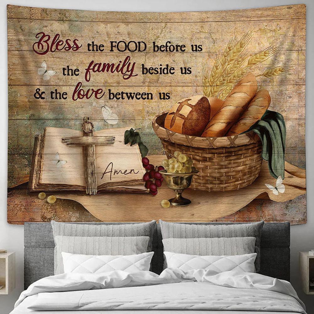 Bless The Food Baguette Grapes Religious Text Book Tapestry Wall Art - Bible Verse Tapestry - Religious Tapestry Wall Hanging