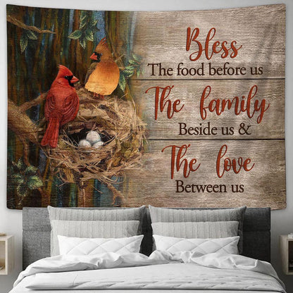 Bless The Food Before Us Cardinal Tapestry Wall Art - Bible Verse Tapestry - Religious Tapestry Wall Hanging