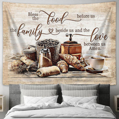 Bless The Food Before Us The Love Between Us Tapestry Wall Art - Bible Verse Tapestry - Religious Tapestry Wall Hanging