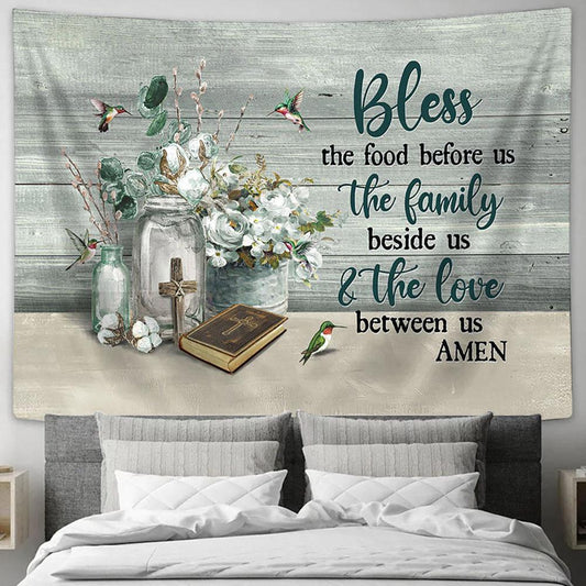 Bless The Food Before Us White Flower Hummingbird Tapestry Prints - Religious Tapestry Art - Christian Home Decor