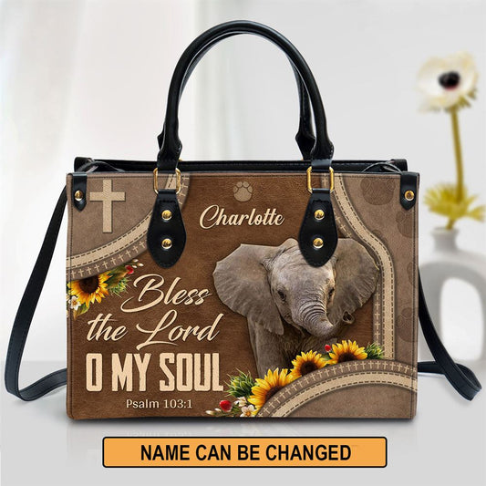 Bless The Lord O My Soul Leather Bag, Custom Name Elephant Leather Handbag, Christian Gifts For Women