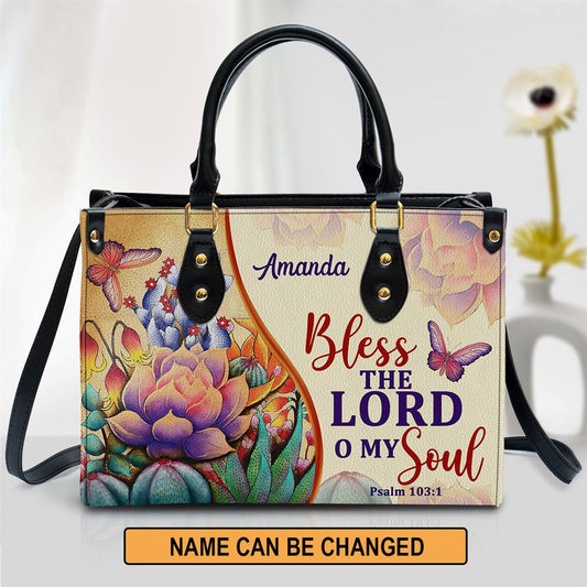 Bless The Lord O My Soul Psalm 1031 Flower And Butterfly Personalized Leather Handbag With Handle