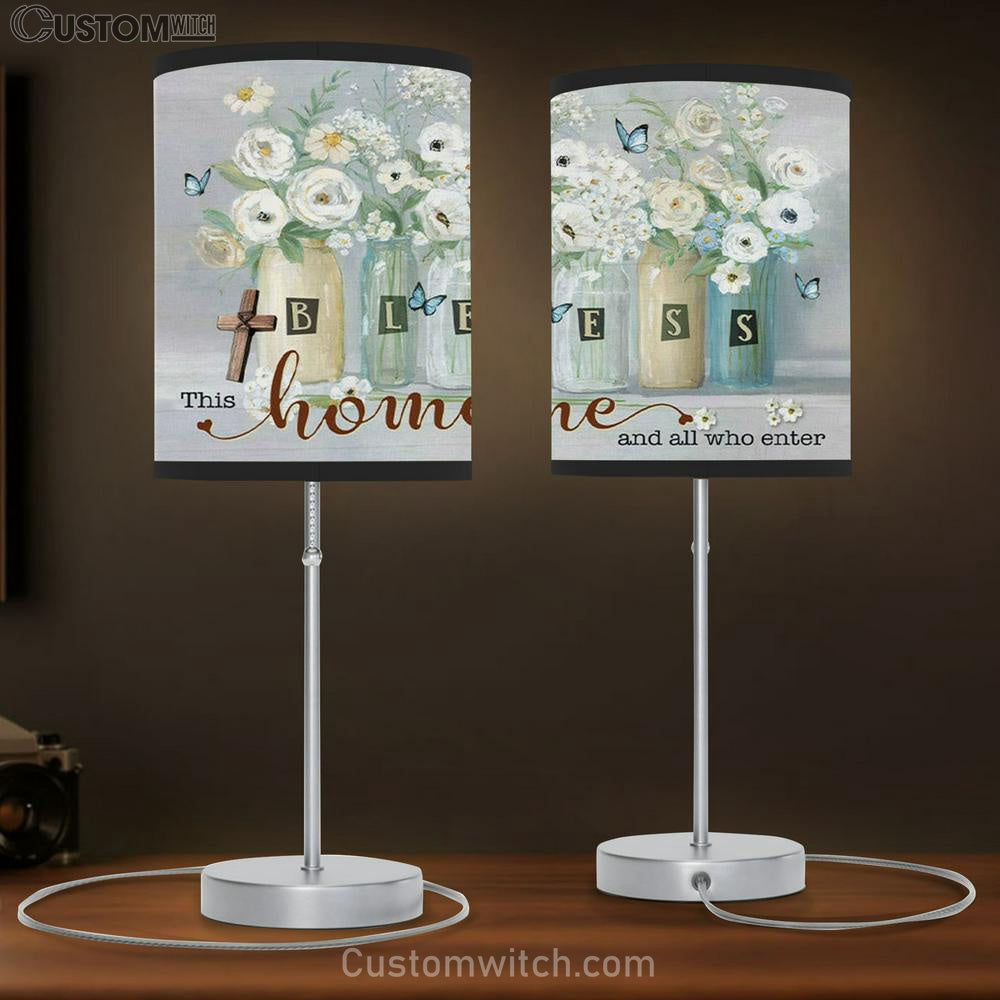 Bless This Home And All Who Enter Table Lamb Gift - Butterfly Flower - Christian Bedroom Decor