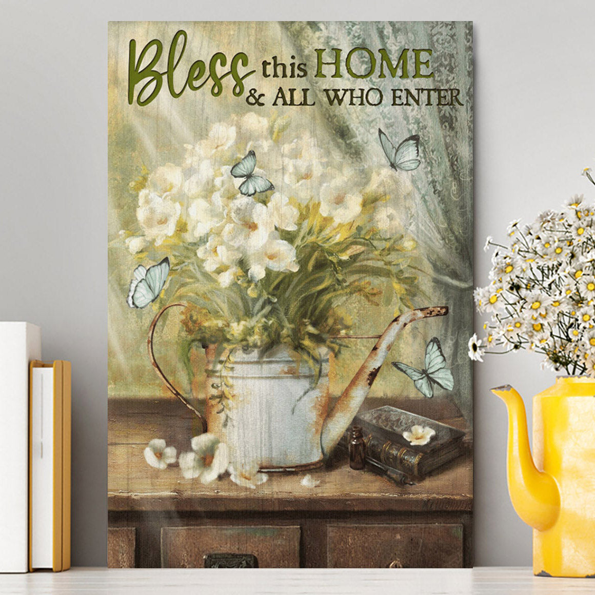 Bless This Home And All Who Enter Flower Butterfly Canvas Wall Art - Christian Wall Art Decor - Religious Canvas Prints