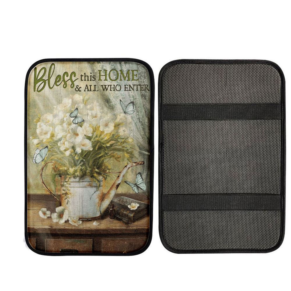 Bless This Home And All Who Enter Flower Butterfly Car Center Console Cover, Religious Car Armrest Accessories