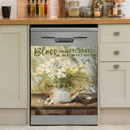 Bless This Home And All Who Enter Flower Butterfly Dishwasher Cover, Christian Dishwasher Magnet Cover, Religious Kitchen Decor