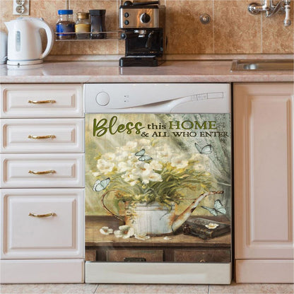 Bless This Home And All Who Enter Flower Butterfly Dishwasher Cover, Christian Dishwasher Magnet Cover, Religious Kitchen Decor