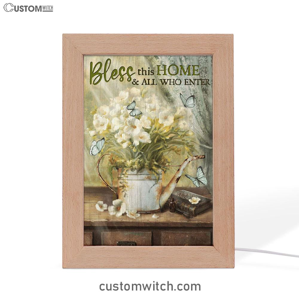 Bless This Home And All Who Enter Flower Butterfly Frame Lamp Art - Christian Art Decor - Religious Gifts Night Light