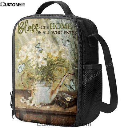 Bless This Home And All Who Enter Flower Butterfly Lunch Bag, Christian Lunch Bag For School, Picnic, Religious Lunch Bag