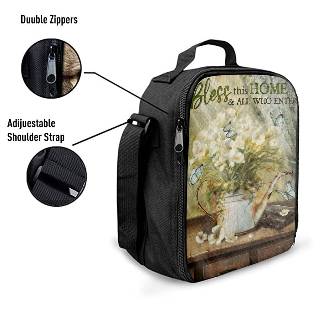 Bless This Home And All Who Enter Flower Butterfly Lunch Bag, Christian Lunch Bag For School, Picnic, Religious Lunch Bag