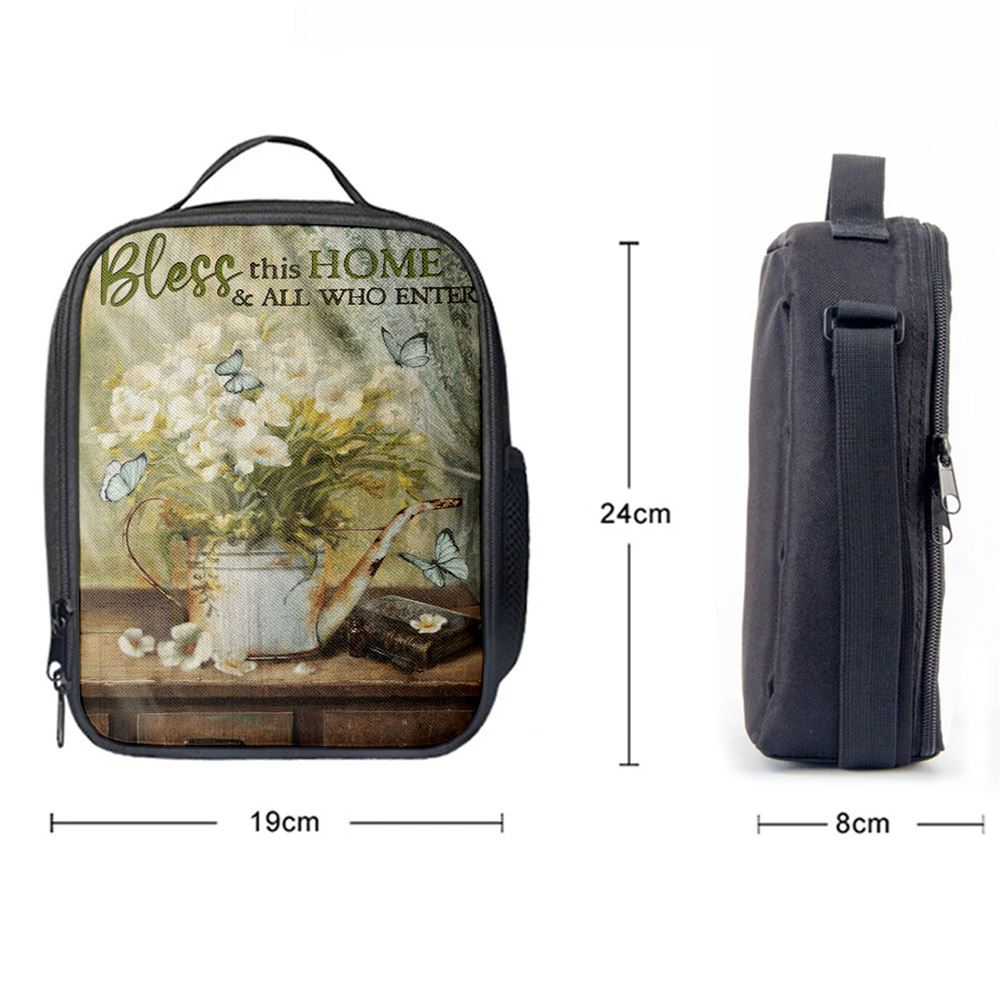 Bless This Home And All Who Enter Flower Butterfly Lunch Bag, Christian Lunch Bag For School, Picnic, Religious Lunch Bag
