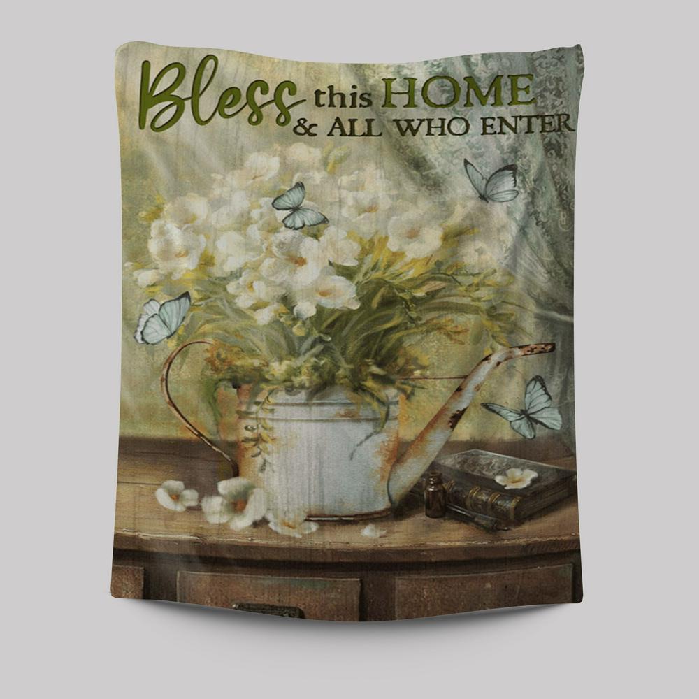 Bless This Home And All Who Enter Flower Butterfly Tapestry Wall Art - Christian Wall Art Decor - Religious Tapestries Wall Hanging Prints