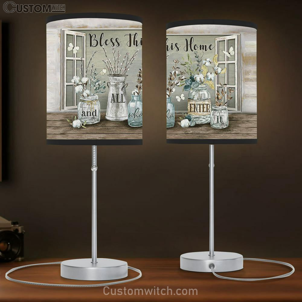 Bless This Home Cotton Flower White Butterfly Large Table Lamb - Christian Lamb Gift - Bible Verse Table Lamb Art