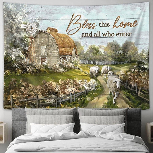 Bless This House Farm Sheep Tapestry Wall Art - Bible Verse Tapestry - Religious Tapestry Wall Hanging
