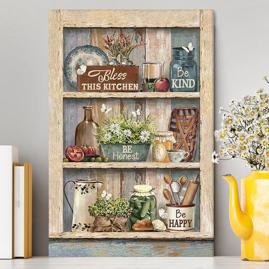 Bless This Kitchen Be Happy Canvas Art - Bible Verse Wall Art - Christian Inspirational Wall Decor