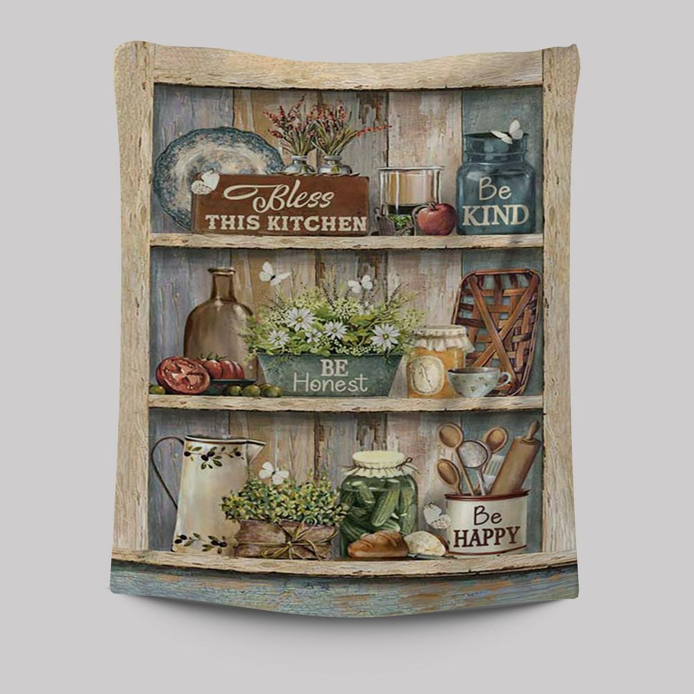 Bless This Kitchen Be Happy Tapestry Art - Bible Verse Wall Art - Christian Inspirational Wall Decor