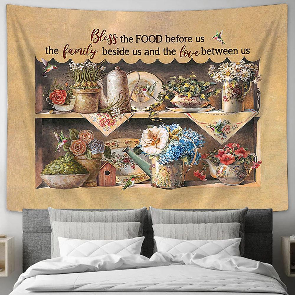 Bless the food before us Brilliant garden Tapestry Wall Art - Bible Verse Tapestry - Religious Tapestry Wall Hanging