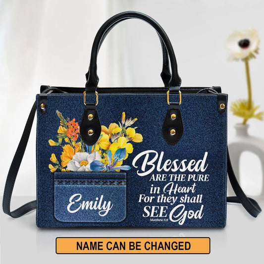 Blessed Are The Pure In Heart Matthew 58 Leather Bag, Personalized Leather Bible Handbag, Christian Gifts For Women