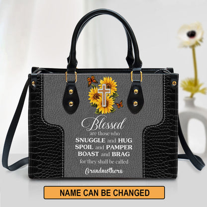 Blessed Are Those Who Spoil And Pamper Cross And Sunflower Leather Bag, Personalized Leather Bag With Handle For Christian Women