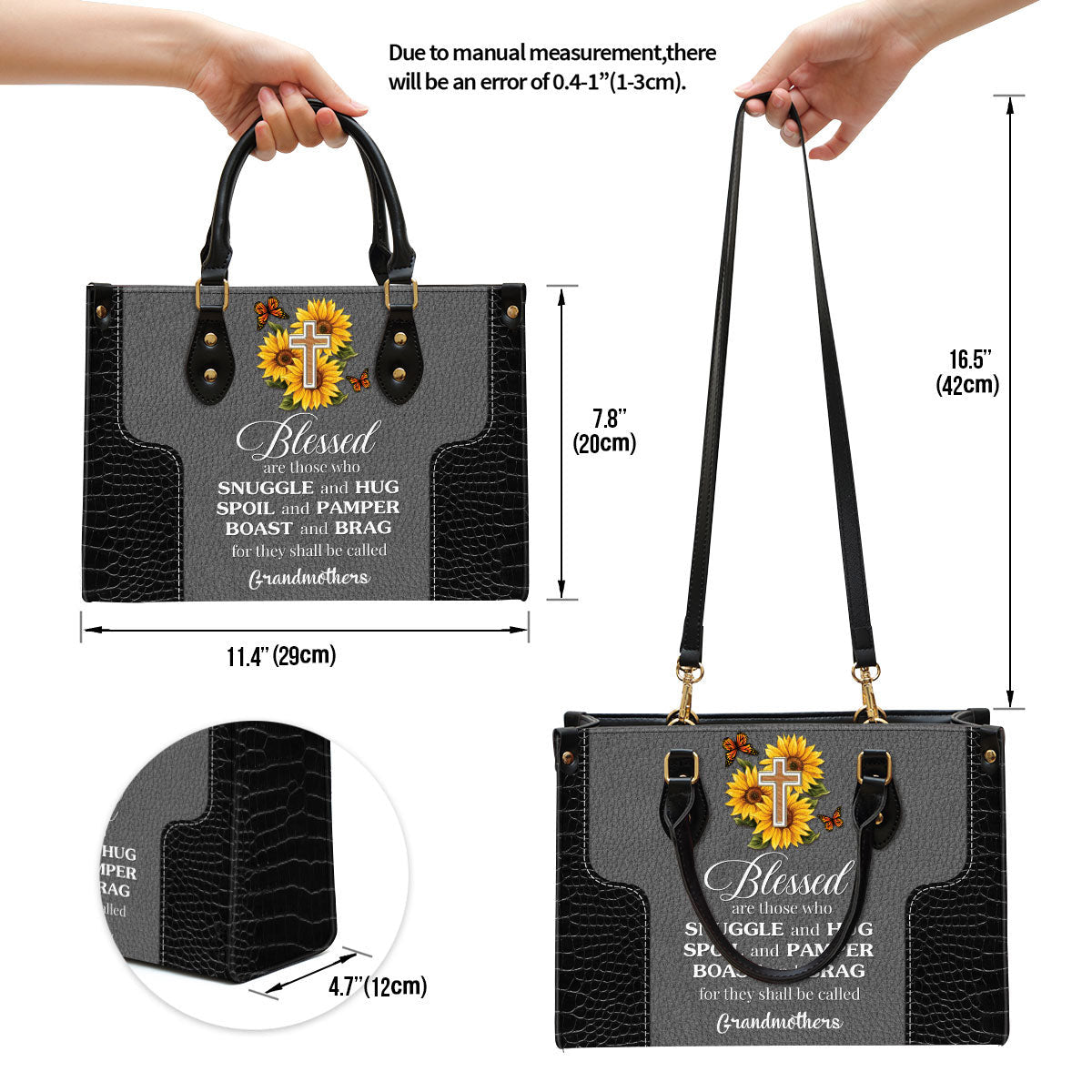 Blessed Are Those Who Spoil And Pamper Cross And Sunflower Leather Bag, Personalized Leather Bag With Handle For Christian Women