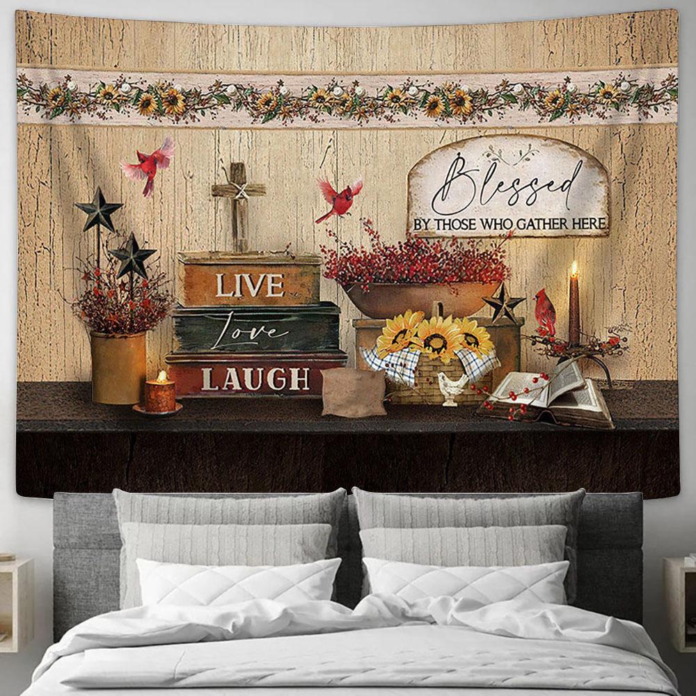 Blessed By Those Who Gather Here Books Cardinal Baby Flower Tapestry Wall Art - Bible Verse Tapestry - Religious Tapestry Wall Hanging