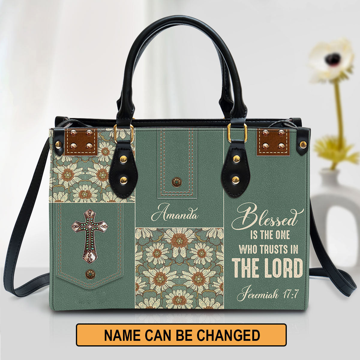 Blessed Is The One Who Trusts In The Lord Leather Bag, Custom Name Flower Leather Handbag, Christian Gifts For Women