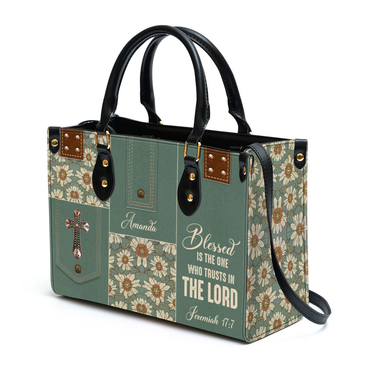 Blessed Is The One Who Trusts In The Lord Leather Bag, Custom Name Flower Leather Handbag, Christian Gifts For Women