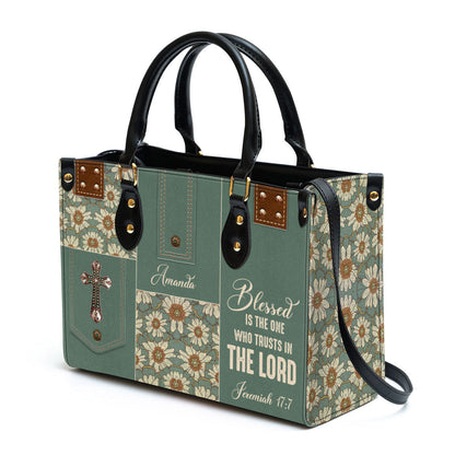 Blessed Is The One Who Trusts In The Lord Leather Bag, Custom Name Flower Leather Handbag, Christian Gifts For Women