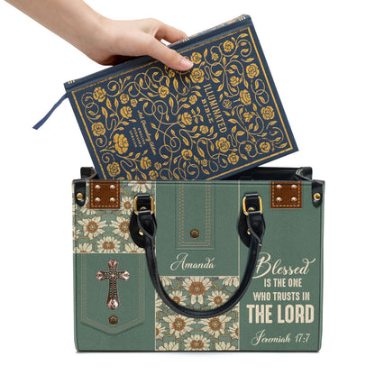 Blessed Is The One Who Trusts In The Lord Leather Bag, Custom Name Flower Leather Handbag, Christian Gifts For Women