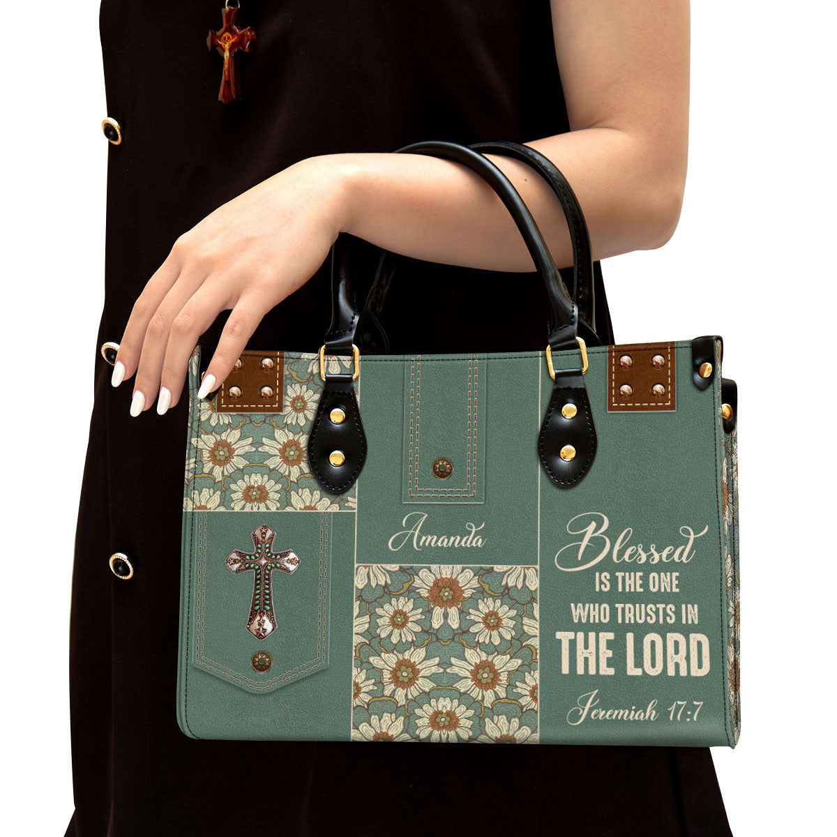 Blessed Is The One Who Trusts In The Lord Leather Bag, Custom Name Flower Leather Handbag, Christian Gifts For Women