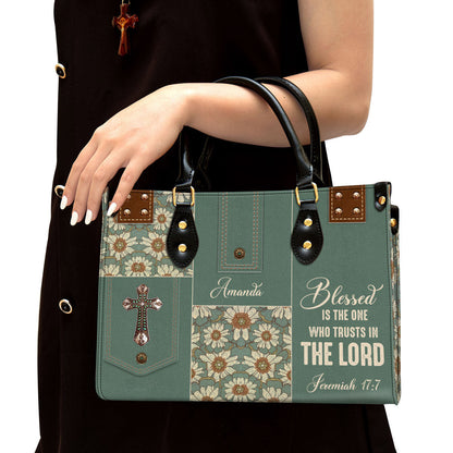 Blessed Is The One Who Trusts In The Lord Leather Bag, Custom Name Flower Leather Handbag, Christian Gifts For Women