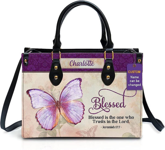 Blessed Is The One Who Trusts In The Lord Personalized Leather Bag With Handle For Christian Women
