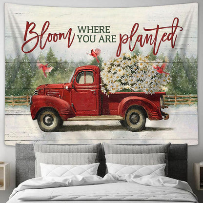 Bloom Where You Are Planted Daisy Flower Red Truck Cardinal Tapestry Wall Art - Bible Verse Tapestry - Religious Tapestry Wall Hanging