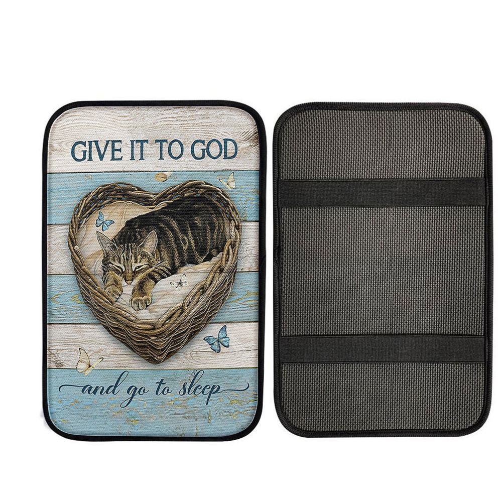 Blue Butterfly Cat Give It To God And Go To Sleep Car Center Console Cover - Gift For Cat Lover, Religious Car Armrest Accessories