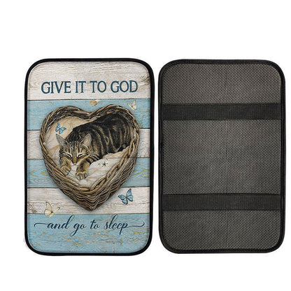 Blue Butterfly Cat Give It To God And Go To Sleep Car Center Console Cover - Gift For Cat Lover, Religious Car Armrest Accessories